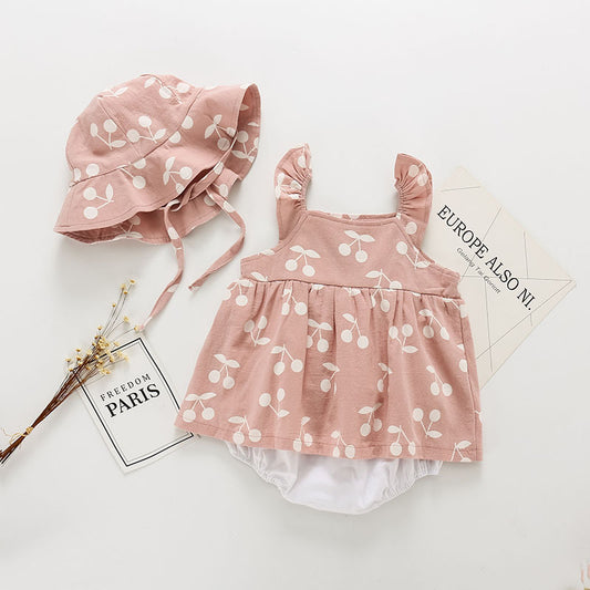 Baby girl infant toddler cherry boho spring summer onesie with matching sun hat