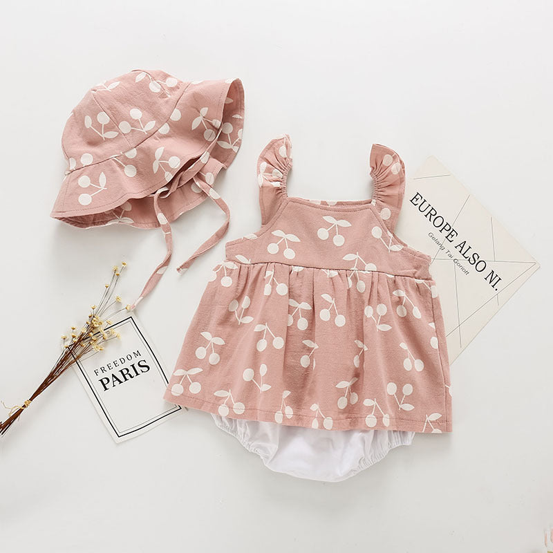 Baby girl infant toddler cherry boho spring summer onesie with matching sun hat