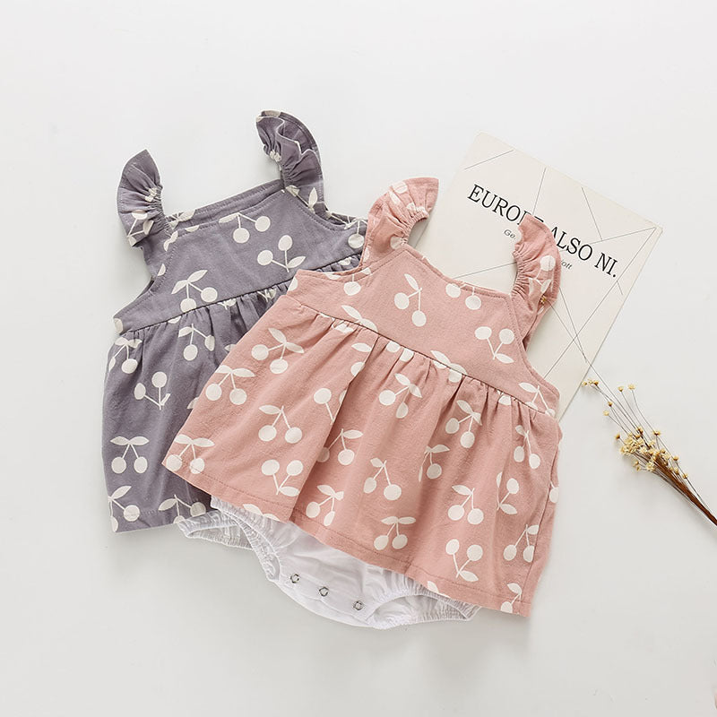Baby girl infant toddler cherry boho spring summer onesie with matching sun hat