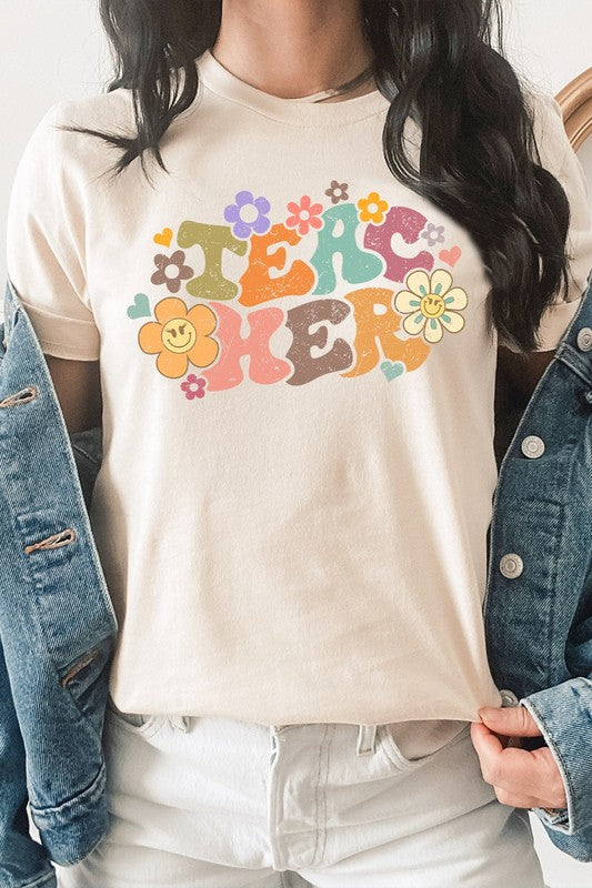 Teacher Pastel Floral Lash Smiley Graphic Tee