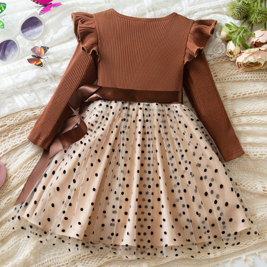 Ribbed Long Sleeve Dot Skirt Mesh Girls Dress Fall and Winter