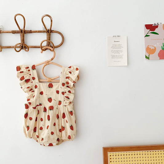 Baby Strawberry Flutter Sleeve Romper Linen Style