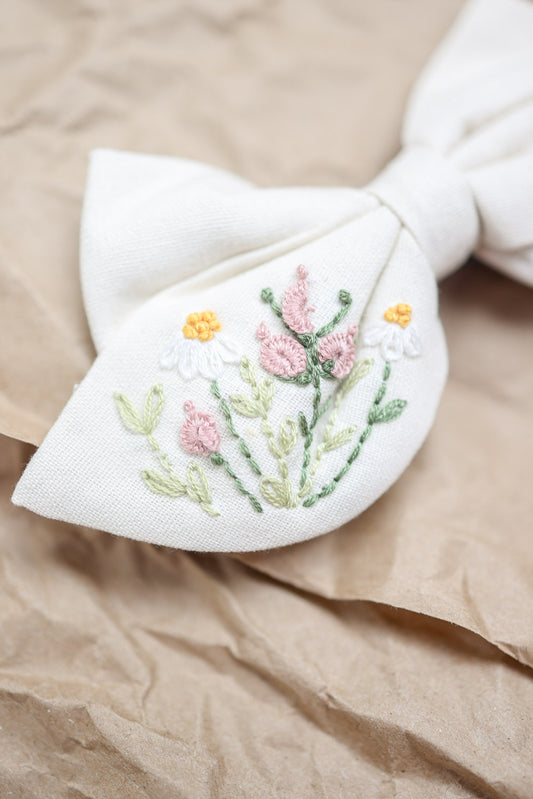 Coquette Embroidered Linen Bow Hair Clip