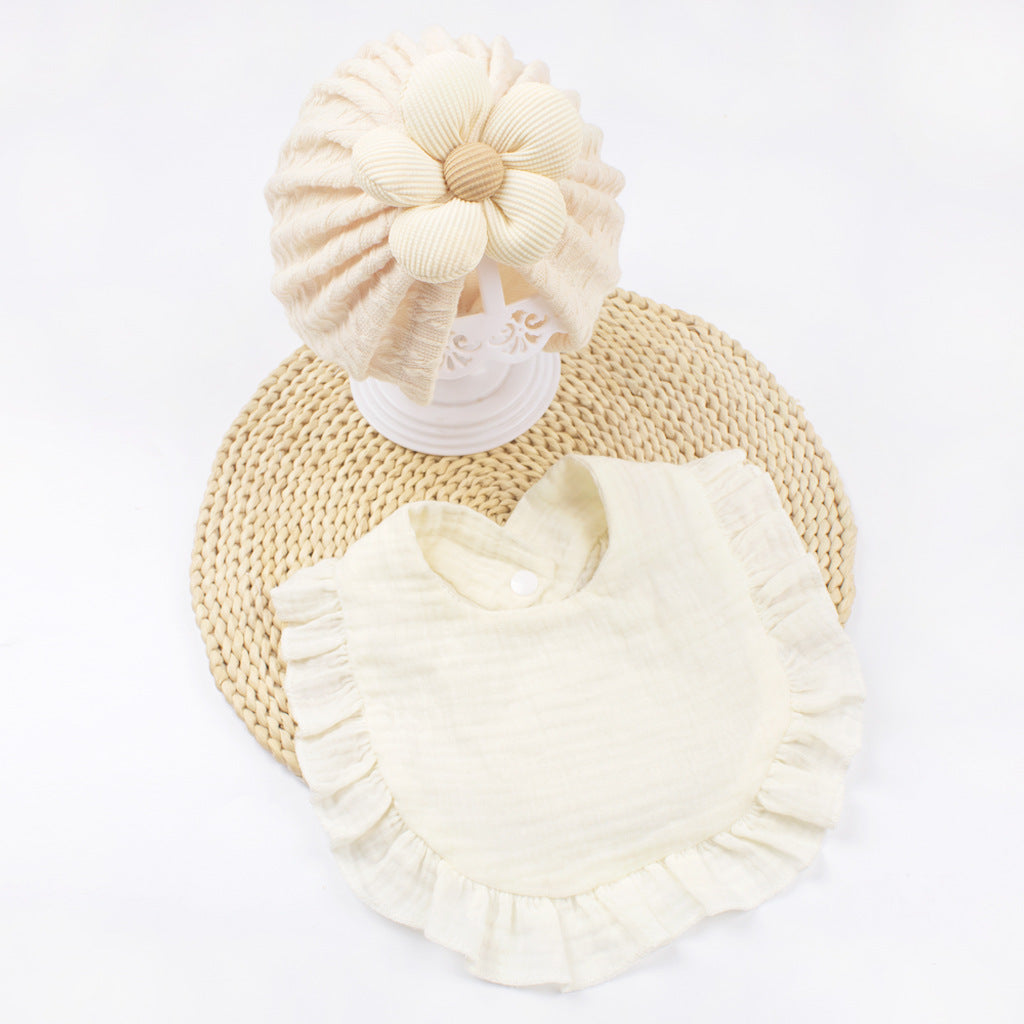 Newborn Baby Hat & Bib Set - Muslin Drool Bibs With Frilly Trim  Soft Organic Cotton Bonnet Bandana Drooling Accessories For Infants